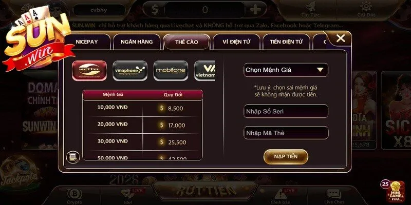 Người chơi tiến hành lựa chọn phương thức nạp tiền phù hợp